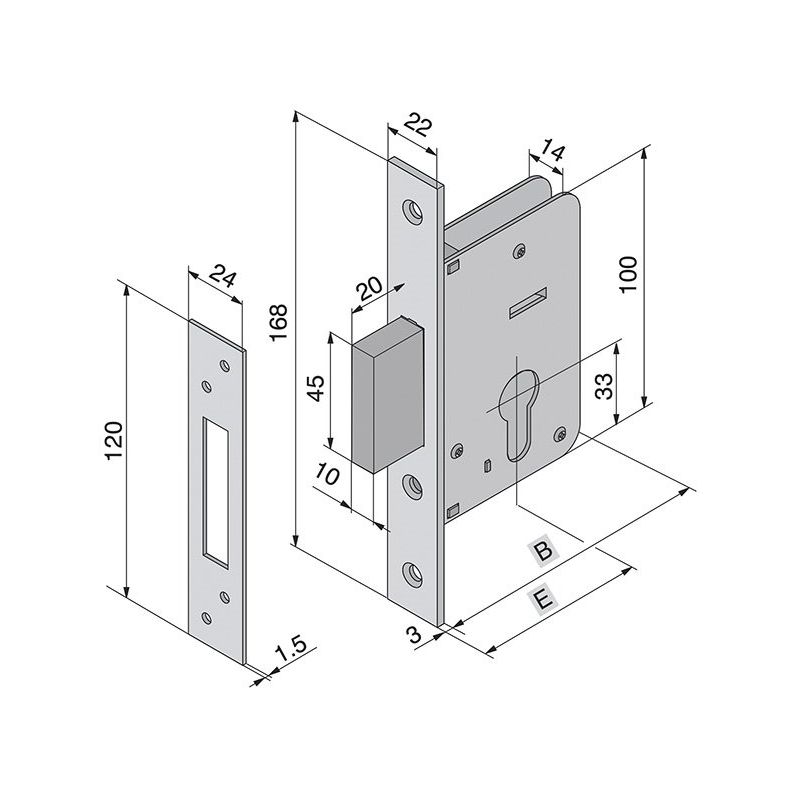 Lock for inserting wooden doors WELKA 020