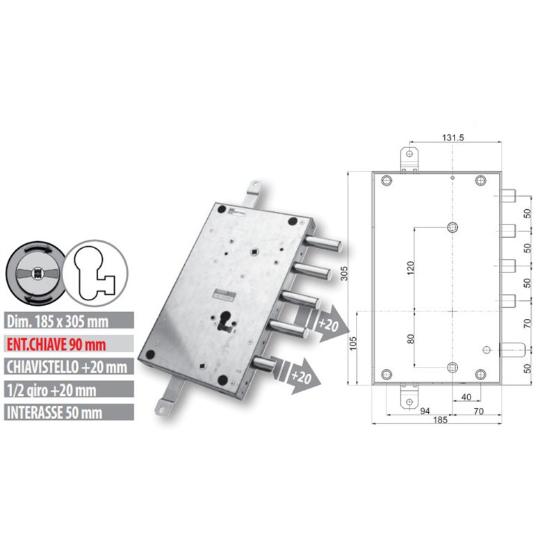 Security door lock Mottura 89.8461GR/Q Euro profyle for GARDESA