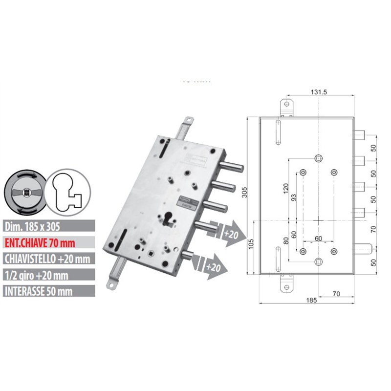 Serratura porta blindata Mottura 89.8561G/15Q triplice 1/2g