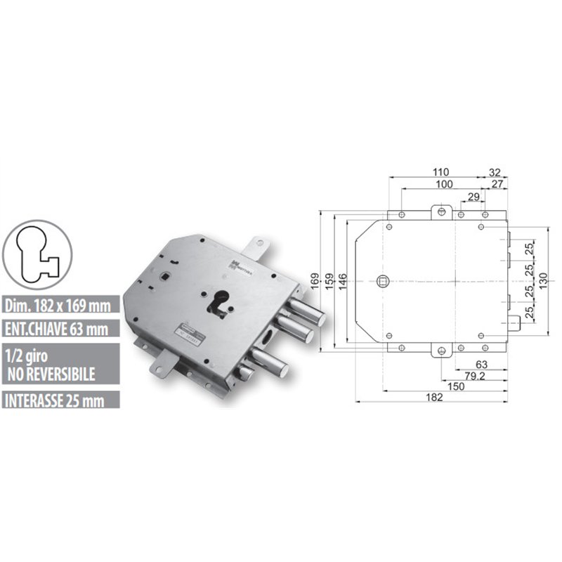 Serratura porta blindata Mottura 89.8555GR/T triplice 1/2g