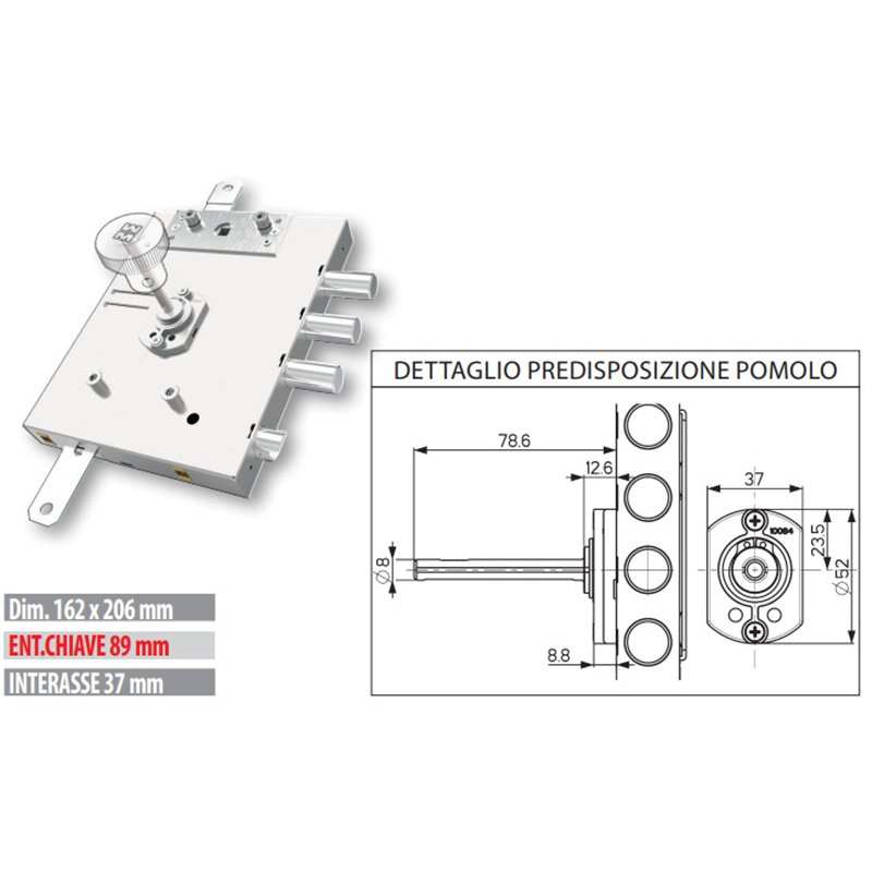Serratura porta blindata Mottura 3DKEY 893D.573GR per GARDESA