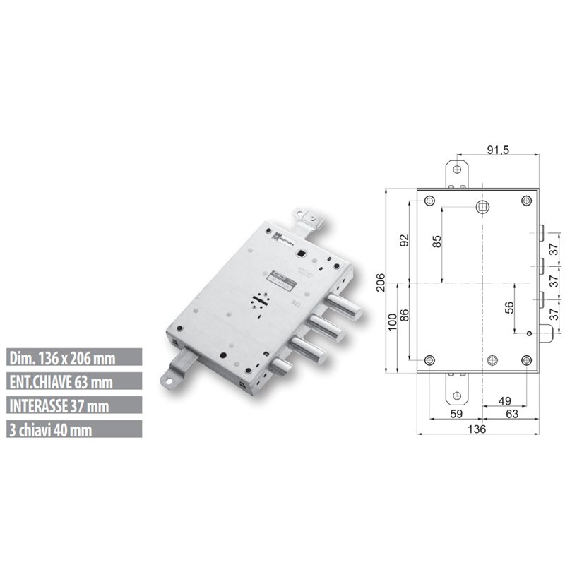 Serratura porta blindata Mottura 89.571TOR triplice 1/2g