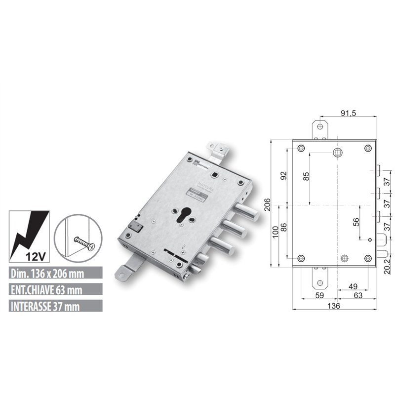 Mottura 89837E7/Q triple 1/2 turn armored door electric lock