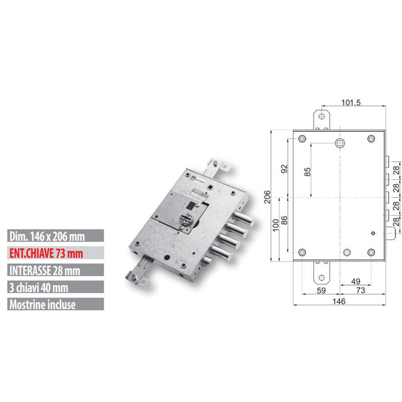 Serratura porta blindata Mottura 89.K571DR/B triplice 1/2g