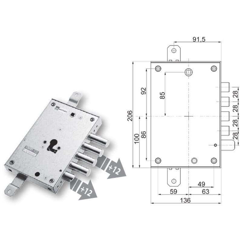 Security door lock Mottura 89.8571MR/Q for EURODOOR