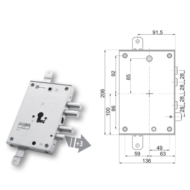 Serratura porta blindata Mottura 89.8571IC/Q triplice 1/2g ICA