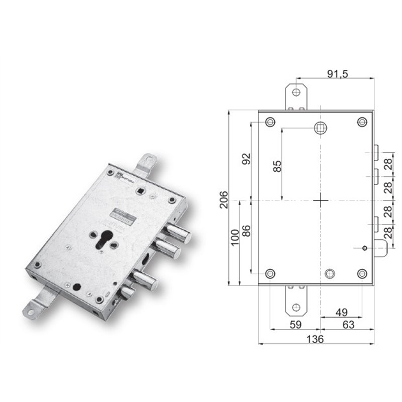 Serratura porta blindata Mottura 89.8571IS/Q triplice 1/2g ISALL