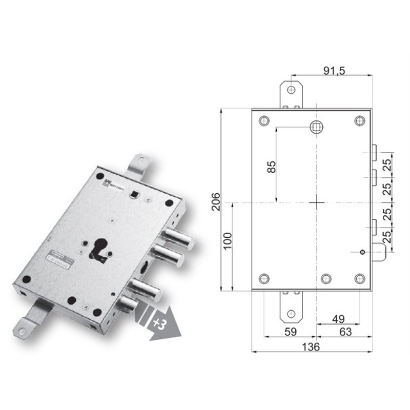 Mottura 89.8571M1/Q triple 1/2g METALNOVA armored door lock