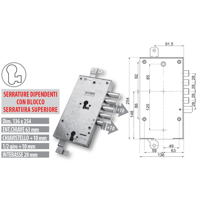 Serratura porta blindata Mottura 89.85958WQ doppia Dierre