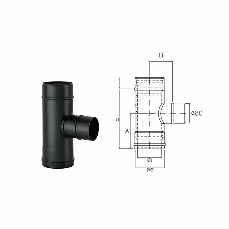 Raccordo a T 90° ridotto mono Ø 80mm N1TR ISO10 NERO OPACO Canna fumaria doppia parete