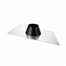 Pitched roof flashing with aluminum base and matte black storm collar for chimney flues.
