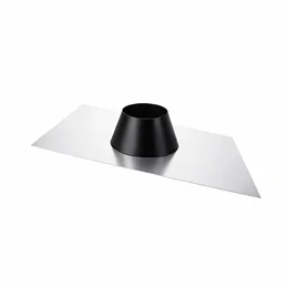 Pitched roof flashing with aluminum base and matte black storm collar for chimney flues.