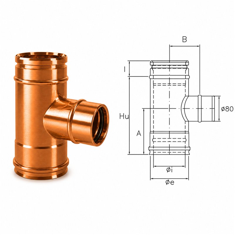 Tee 90 ° reduced single wall 80mm R1TR ISO10 COPPER Double wall flue