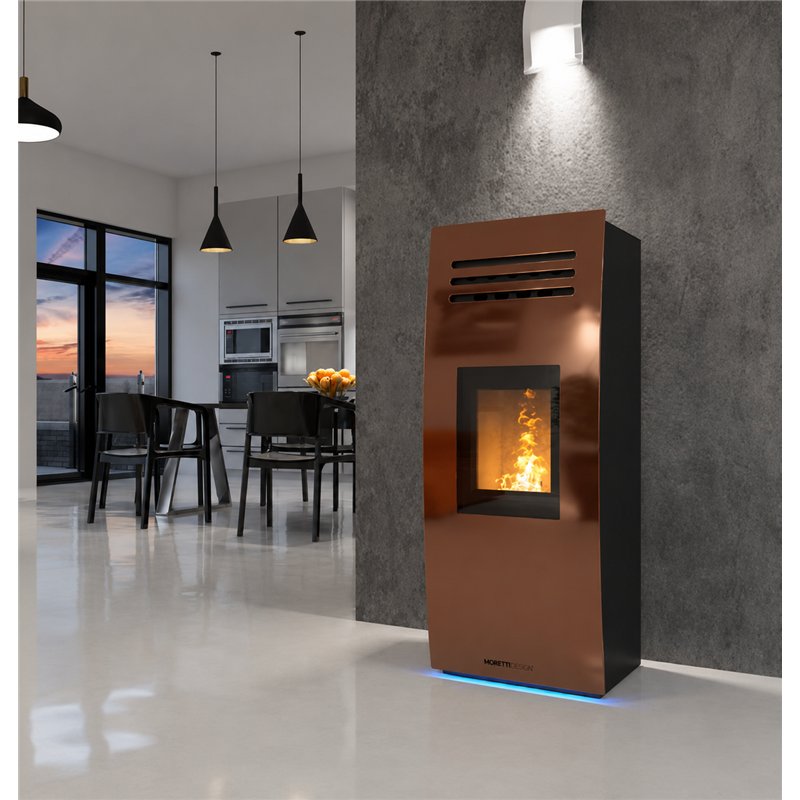 Moretti Design DREAM – 9/10/12/14 kW Ducted Pellet Stove, MULTI‑ROOM®, LED, Magic Red Glass, No‑Fan