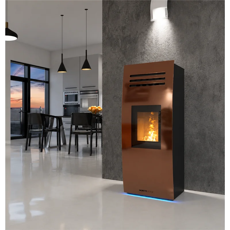 Moretti Design DREAM – Stufa a pellet canalizzata 9/10/12/14 kW, MULTI‑ROOM®, LED, Magic Red Glass, No‑Fan