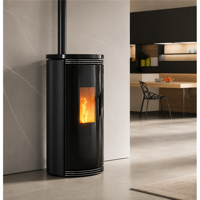 Moretti Design PLISSÉ – MULTI‑ROOM® Pellet Stove 10/12/14 kW, Plissé Glass, Ductable, RAL Customizable