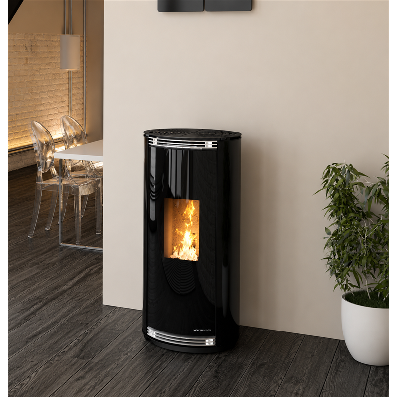Moretti Design RELAX GLOBE – Stufa a pellet canalizzabile 7/9/11 kW, design cilindrico in vetro, Magical Glass