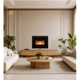 Moretti Design SLOT FLAT AIR – 12 kW Ductable Pellet Insert, Panoramic Glass, Stainless/Black/Bronze Front