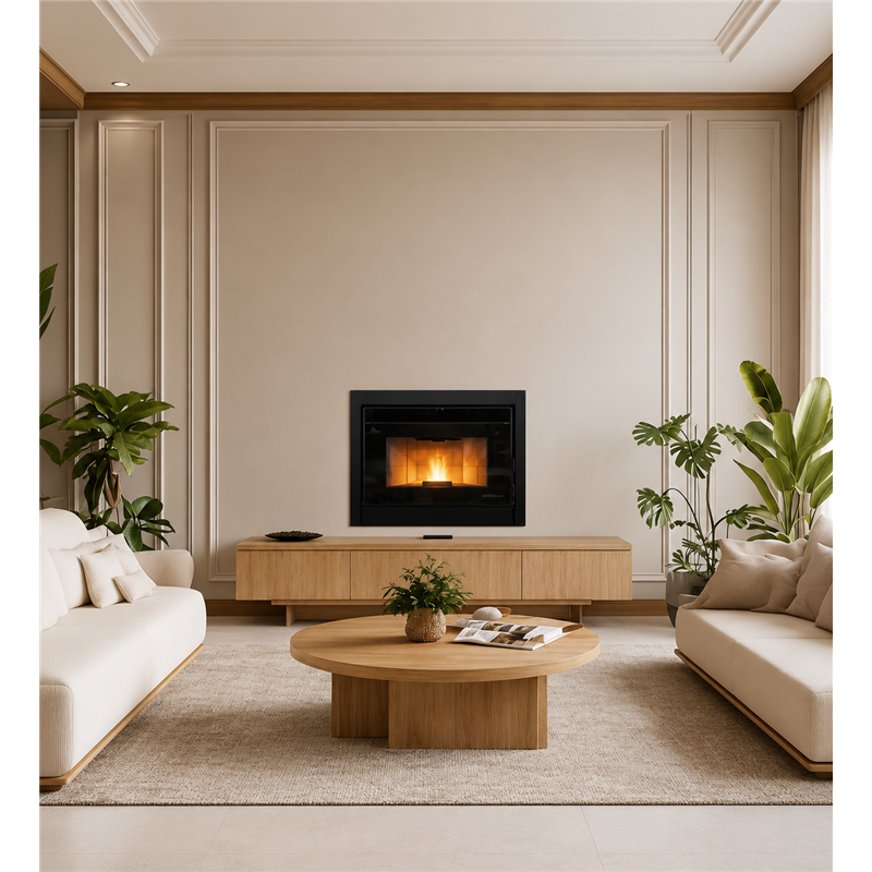 Moretti Design SLOT FLAT AIR – Inserto a pellet canalizzabile 12 kW, vetro panoramico, frontale inox/nero/bronzo