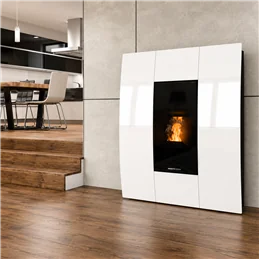Moretti Design COMPACT GLASS – Stufa a pellet idro 24 kW con Magic Glass e installazione a filo muro
