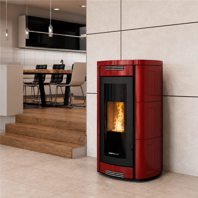 Moretti Design ALADINO AQUA – Stufa a pellet 14/19/22/24 kW con Magic Glass e Silent Plus