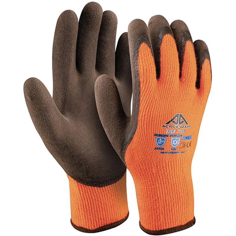 ICE ORANGE cold‑protection gloves in acrylic Terry with sandy latex palm