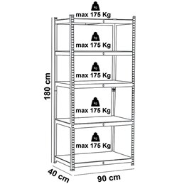 Scaffalatura VIGOR 5 ripiani MDF 90×40×180 cm – Zincata, 175 kg per piano