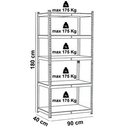 Scaffalatura VIGOR 5 ripiani MDF 90×40×180 cm – Zincata, 175 kg per piano