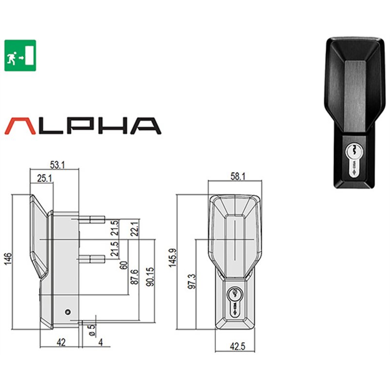 Pomolo Fisso Esterno CISA ALPHA 07A78.35 con Chiave – Nero